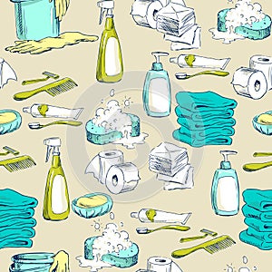 Seamless pattern with sketches of hygiene elements