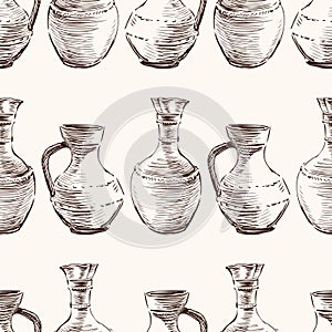 Seamless pattern of sketches old ceramic greek pitchers