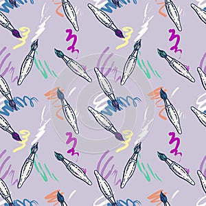 Seamless pattern of sketches paint brushes with colorful strokes