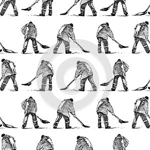 Seamless pattern of sketches street cleaners at work