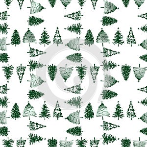 Seamless pattern of sketches various christmas trees