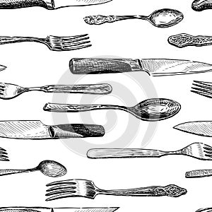 Seamless pattern of sketches of various cutlery