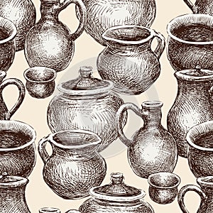 Seamless pattern of sketches various vintage clayware photo