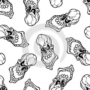 Seamless pattern of skull with large teeth. Vector illustration in cartoon style on a white background.