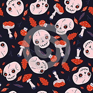 Seamless pattern with skulls and fly agarics. Vector graphics