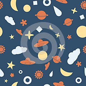 Seamless pattern of a sky at night with ufo,star,cloud,sun,moon,saturn,rain drop,half moon, Vector