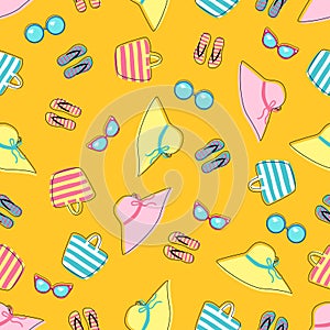 Seamless pattern with slates sunglasses and summer hat on yellow background- vector illustration, eps