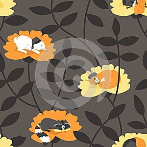 Seamless pattern with sleeping animals on a dark background