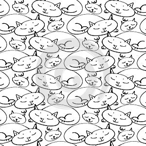 Seamless pattern with sleeping cats. Sketch vector illustration. Hand drawn sleep cat in seamless pattern. Stylish