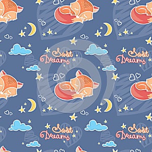 Seamless pattern with sleeping fox,moon,cloud and sweet dreams