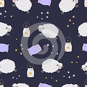 Seamless pattern with sleeping lambs, pillow and stars