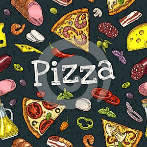 Seamless pattern slice pizza Pepperoni, Hawaiian, Margherita, Mexican, Seafood, Capricciosa with ingredients. Vintage vector