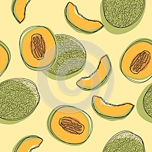 Seamless pattern with sliced japanese melons, orange melon or cantaloupe melon isolated on white background. Vector illustration