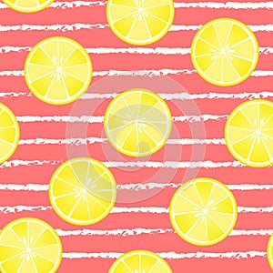 Seamless pattern of sliced lemons on pink background