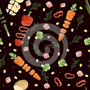 Seamless pattern sliced vegetables with pepper potato and carrot colored food icons for cooking vector illustration