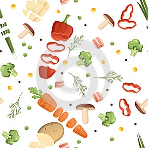 Seamless pattern sliced vegetables with pepper potato and carrot colored food icons for cooking vector illustration