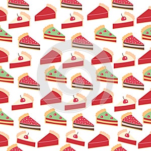 Seamless pattern of slices of different cakes hand drawn