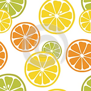 Seamless pattern with slices of lemon, orange and lime on the white background.