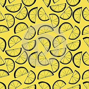 Seamless pattern of slices of lemons. Black linear drawing on yellow background.
