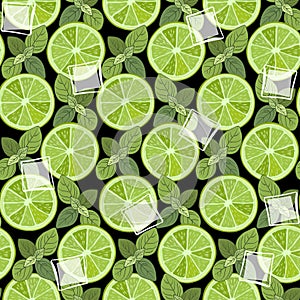 Seamless pattern with slices of lime, mint and ice.