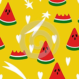 Seamless pattern with slices of sweet red watermelons, white hearts, stars. Yellow background. Repeating endless