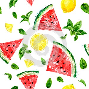 Seamless pattern with slices of watermelon, lemon and meant leaves on white background. Summer concept. Vector watercolor