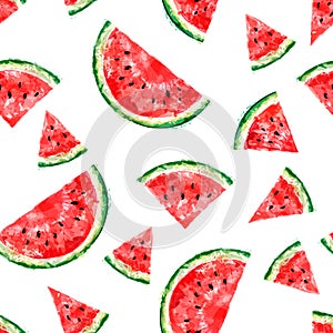 Seamless pattern with slices of watermelon on white background.