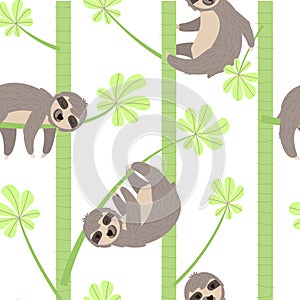 Seamless pattern of a sloth hanging on a cecropia branch