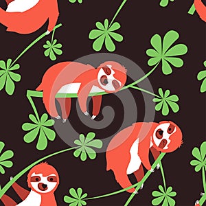 Seamless pattern of a sloth hanging on a cecropia branch on a dark background