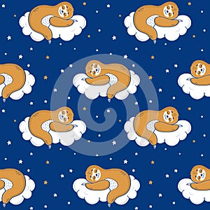 Seamless pattern with sloth sleeping on a cloud. Vector