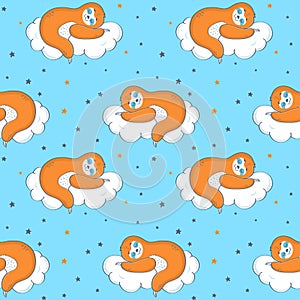Seamless pattern with sloth sleeping on a cloud. Vector