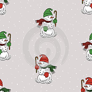 Seamless pattern with small cheerful christmas snowmen