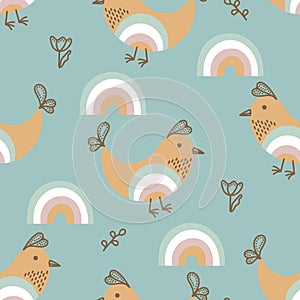 Seamless pattern with small cute birds, rainbow, flowers and plants . Pastel color. Hand drawn, children`s pattern for fabric,