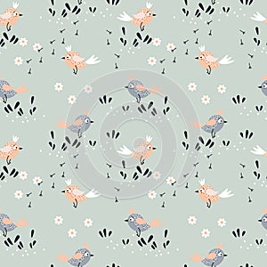 Seamless pattern, small cute gray and pink birds, leaves and flowers. Print, children\'s textiles, decor for kids clothes