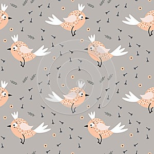 Seamless pattern, small cute orange birds, paw prints, leaves and flowers . Print, textiles, decor for children\'s clothing