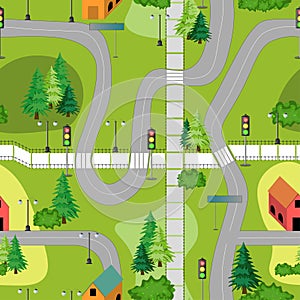 Seamless pattern with small cute town map. Houses, trees, roads