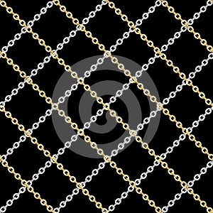 Seamless pattern of small golden and silver chains on black background. Repeat design ready for decor, fabric, prints, textile.