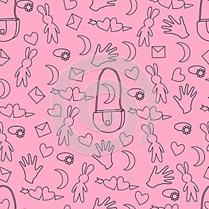 A seamless pattern from small objects on a pink background.