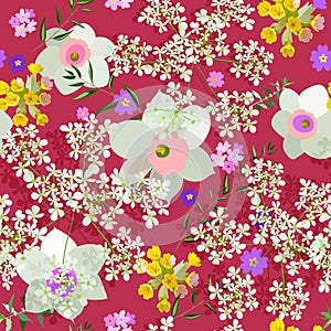 Seamless pattern of small spring field flowers in pastel colors