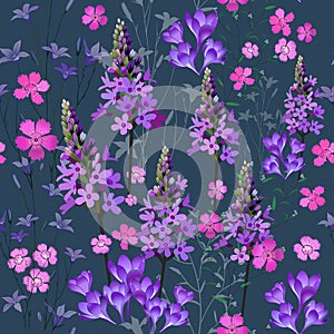 Seamless pattern of small spring field flowers in pastel colors