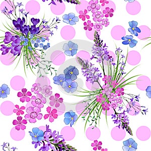 Seamless pattern of small spring field flowers in pastel colors