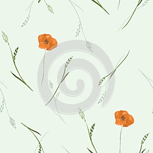 Seamless pattern small, spring orange flowers with green branchs on a light green background. Watercolor