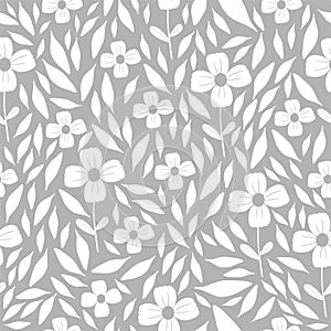 Seamless pattern with small white flowers on gray color. Hand drawn floral pattern for your fabric, summer background, wallpaper,