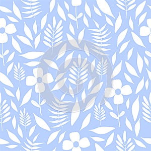 Seamless pattern with small white flowers on a light blue color. Hand drawn floral pattern for your fabric, summer background,