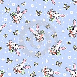 Seamless pattern with small white rabbit and carrots on a blue, background. Vector