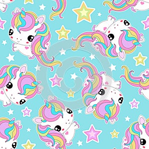 Cloud, blue, pattern, cute, cartoon, background, design, seamless, horse, vector, illustration, unicorn, fantasy, rainbow, wallpap