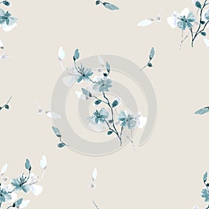Seamless pattern small wild blue and wite flowers on a beige background. Watercolor - 1