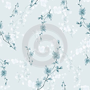 Seamless pattern small wild branch with blue and wite flowers on a light blue background. Watercolor