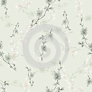 Seamless pattern small wild branch with gray and beige flowers on a light green background. Watercolor