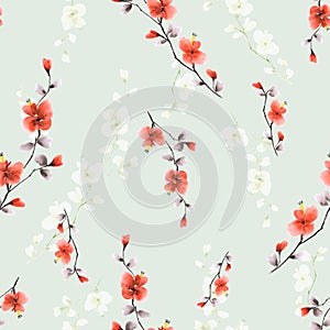 Seamless pattern small wild branch with red and white flowers on a light green background. Watercolor